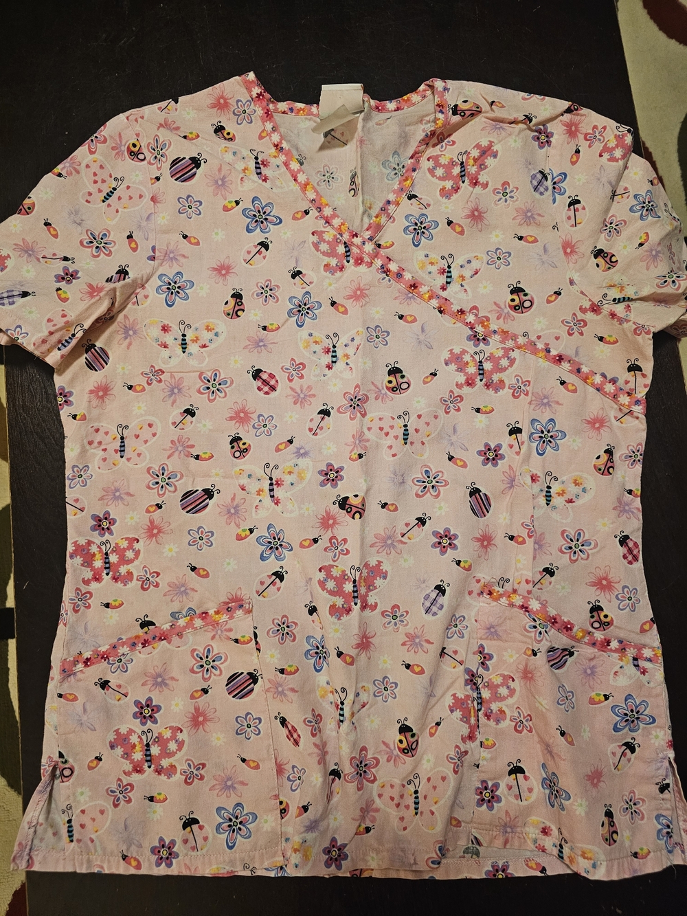 Peaches Uniforms Pink Ladybug & Floral Wrap-Style Scrub Top